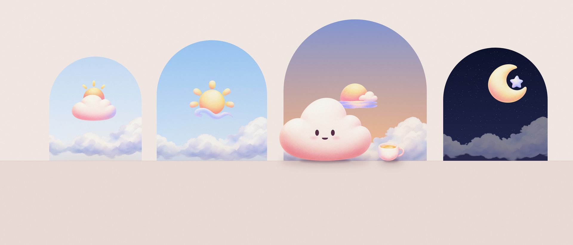 Cuatro ventanas en arco con cielo en una habitación cálida: un amanecer pálido, el sol de mediodía, un atardecer donde Caelia descansa junto a una taza de té y una noche estrellada con luna creciente