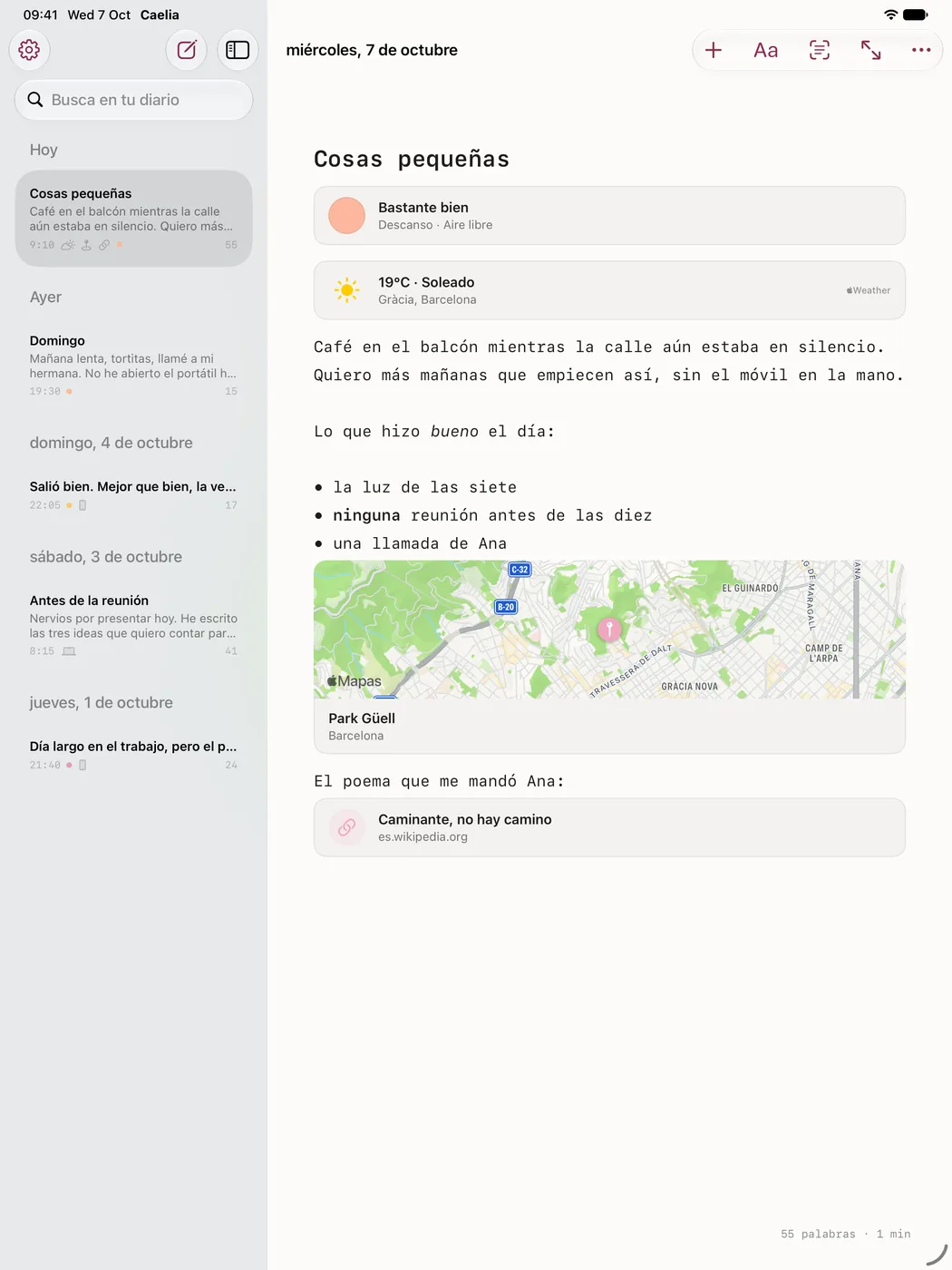 El diario de Caelia en el iPad: una página llamada Cosas pequeñas con un estado de ánimo, el tiempo, un mapa del Park Güell y unas líneas escritas